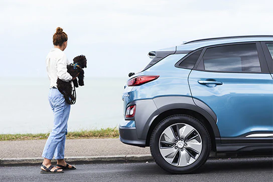 Woman carrying dog to car