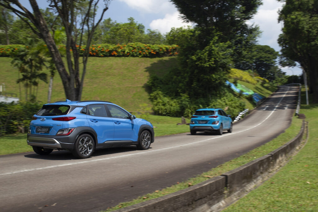 KONA Electric and KONA Hybrid on the road - rear view