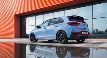 Rear view of a blue Hyundai i30 N